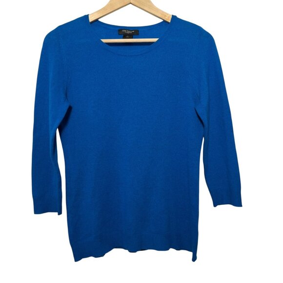 Ann Taylor 100% Cashmere Preppy Classic Knit Blue 3/4 Sweater Lagom Layer Size M - Picture 1 of 7